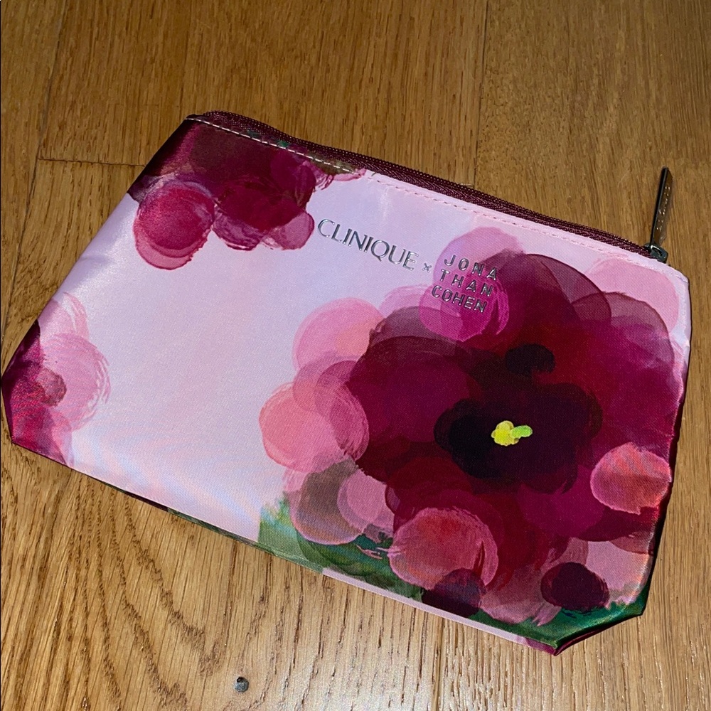 Clinique Burgundy and Pink Floral Pouch